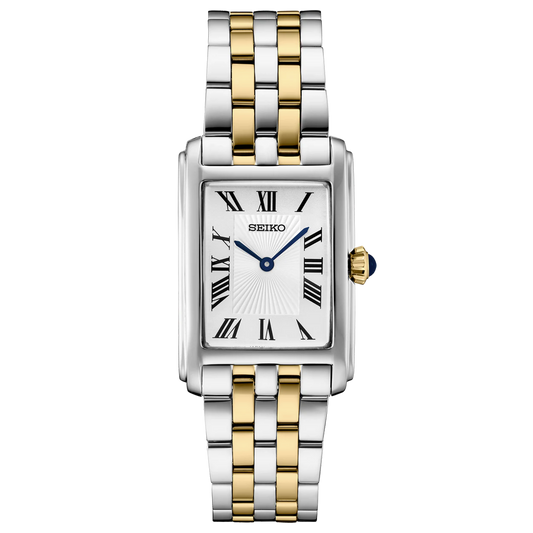 Seiko watch with two-tone metal strap on a white background