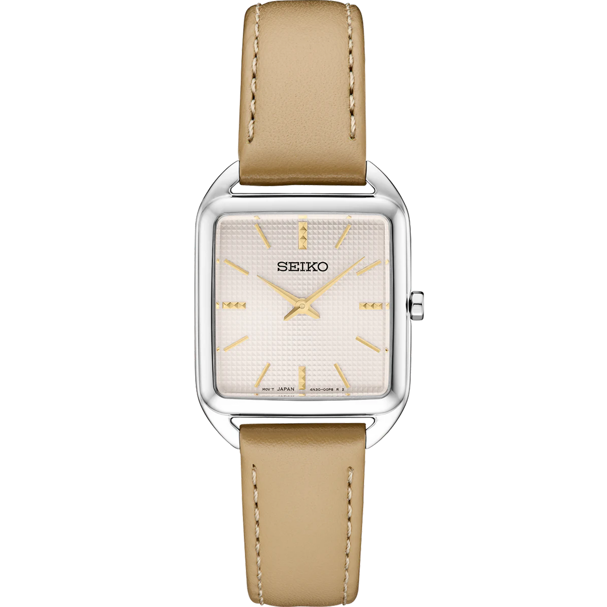 Seiko SWR089 – elegant square stainless steel watch with pale pink grid-pattern dial, gold hands and markers, beige leather strap, and slim profile from the Essentials Collection.
