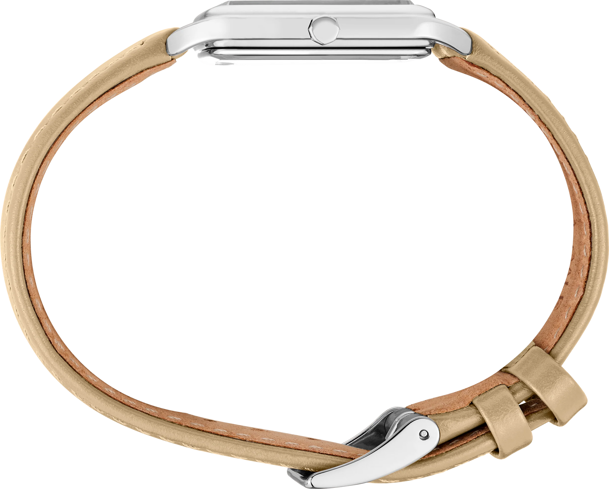 Seiko SWR089 – elegant square stainless steel watch with pale pink grid-pattern dial, gold hands and markers, beige leather strap, and slim profile from the Essentials Collection.