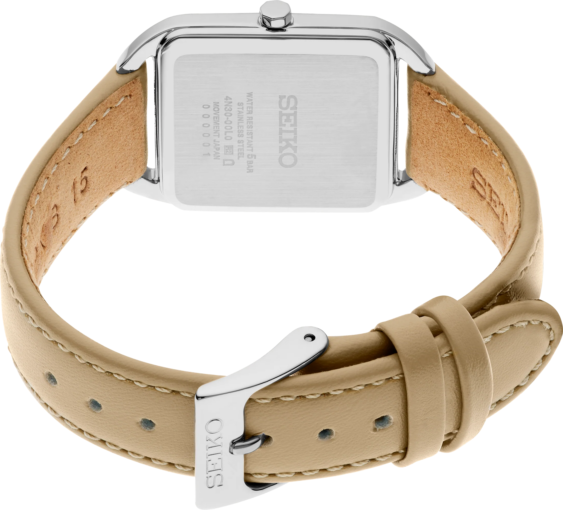 Seiko SWR089 – elegant square stainless steel watch with pale pink grid-pattern dial, gold hands and markers, beige leather strap, and slim profile from the Essentials Collection.