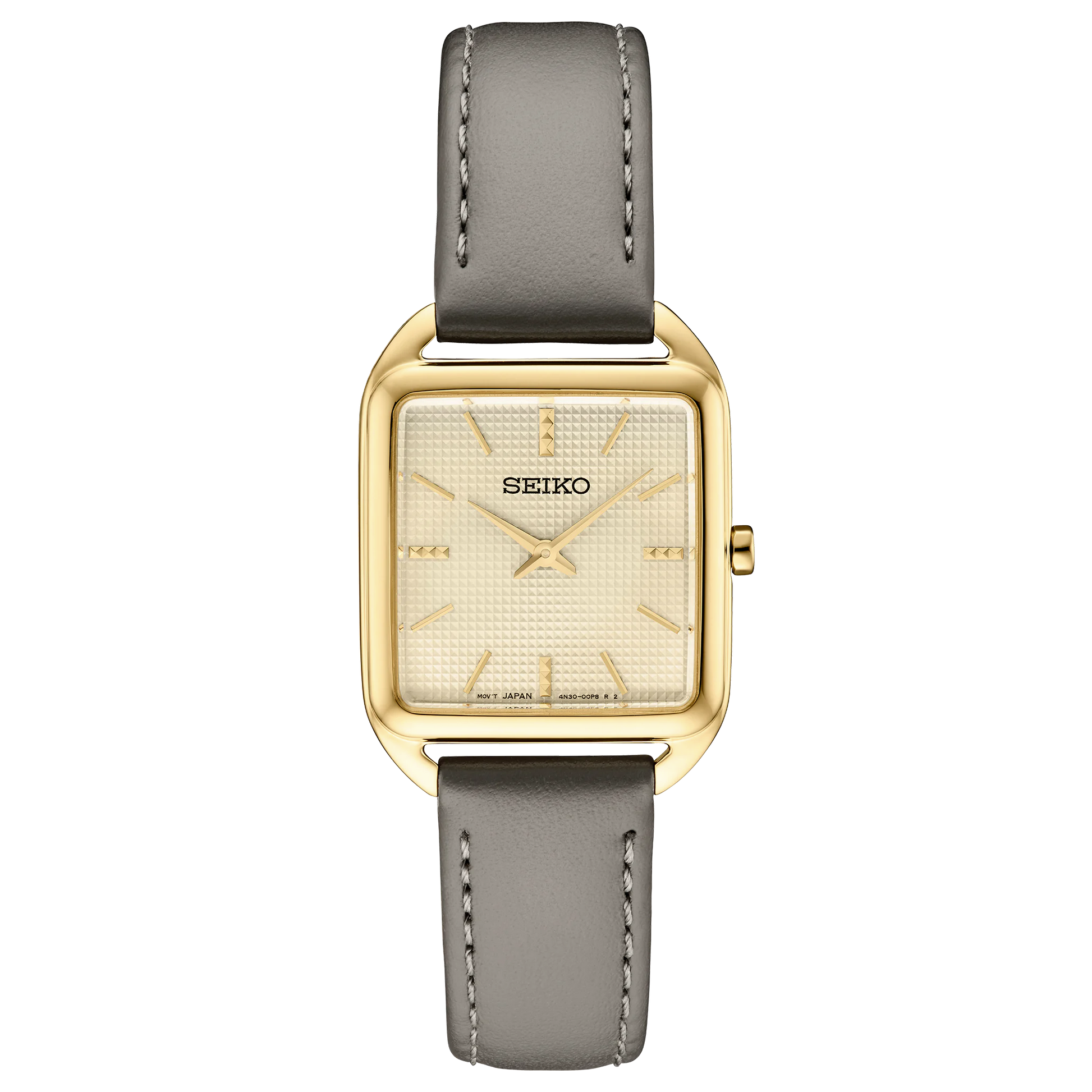Seiko watch with gold case and gray leather strap on a white background