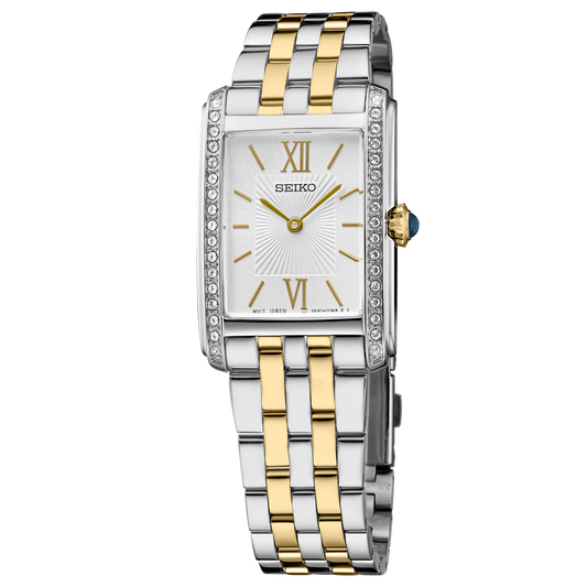 Two-tone Seiko watch with gold and silver straps on a white background