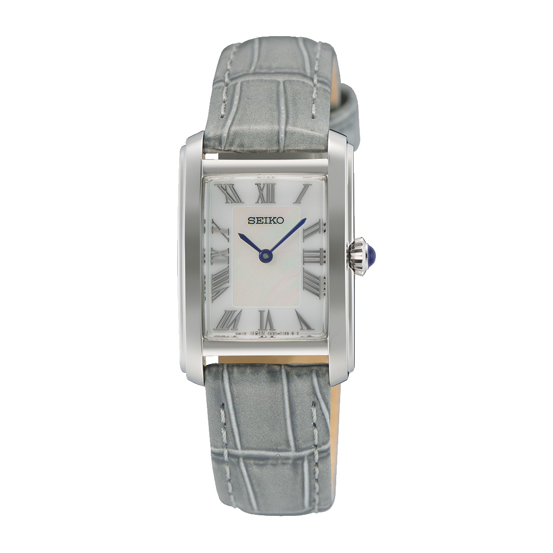 Seiko SWR099 Essentials – stainless steel rectangular quartz watch with white Roman numeral dial, blue hands, grey leather strap, Hardlex crystal, and 50m water resistance.
