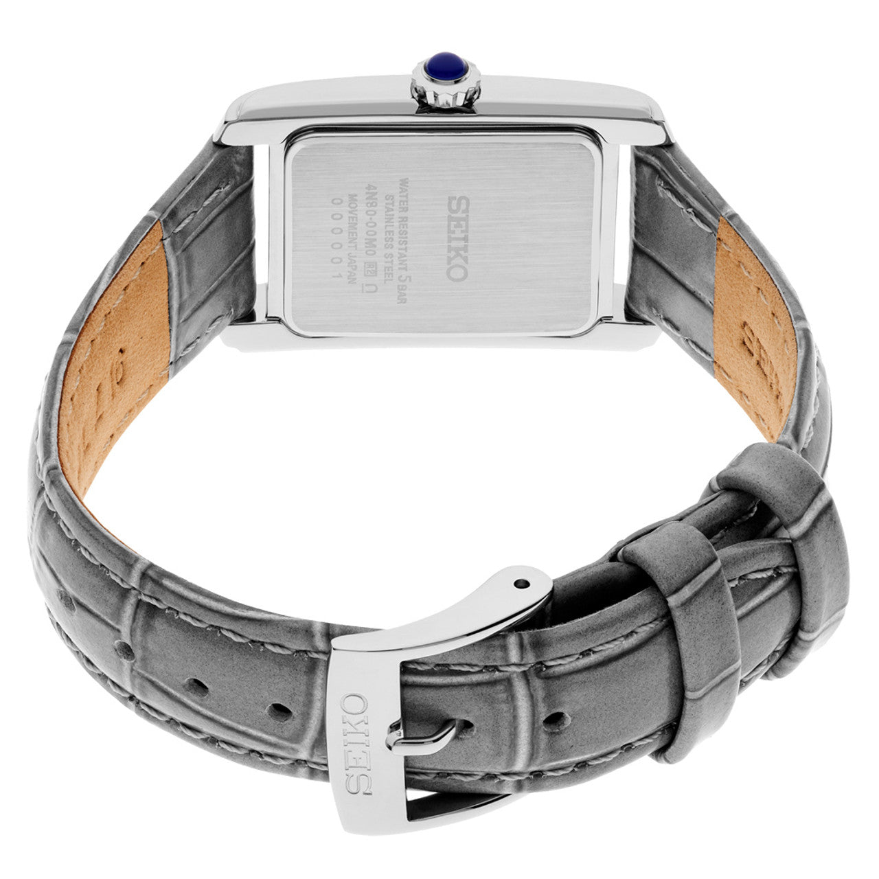 Seiko SWR099 Essentials – stainless steel rectangular quartz watch with white Roman numeral dial, blue hands, grey leather strap, Hardlex crystal, and 50m water resistance.
