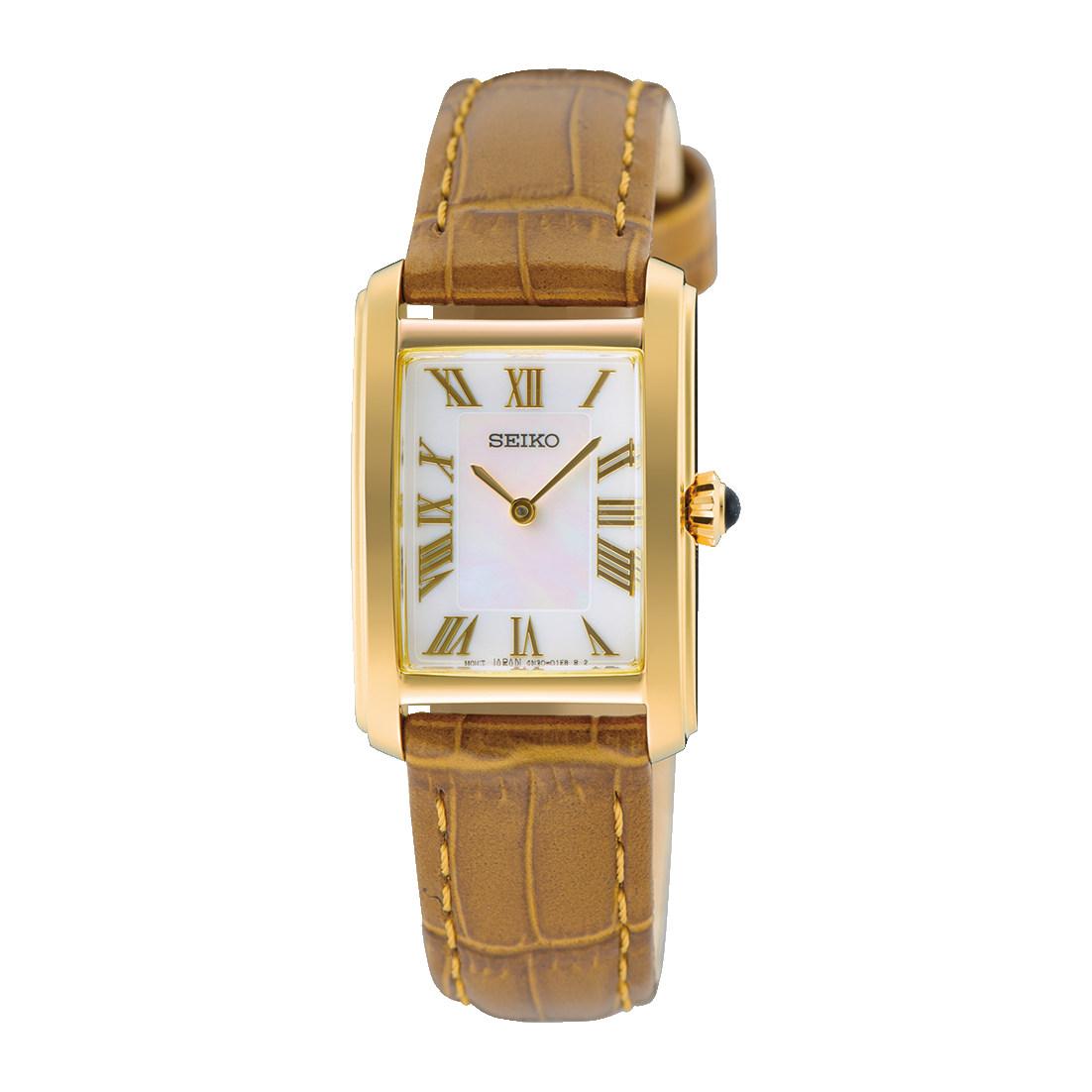 Seiko SWR100 Essentials – gold-tone rectangular quartz watch with white Roman numeral dial, brown leather strap, Hardlex crystal, and 50m water resistance.