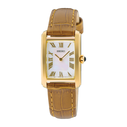 Seiko SWR100 Essentials – gold-tone rectangular quartz watch with white Roman numeral dial, brown leather strap, Hardlex crystal, and 50m water resistance.