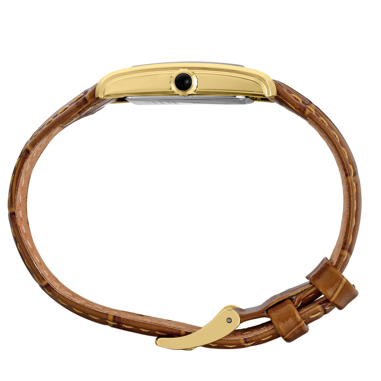 Seiko SWR100 Essentials – gold-tone rectangular quartz watch with white Roman numeral dial, brown leather strap, Hardlex crystal, and 50m water resistance.