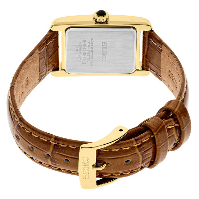 Seiko SWR100 Essentials – gold-tone rectangular quartz watch with white Roman numeral dial, brown leather strap, Hardlex crystal, and 50m water resistance.