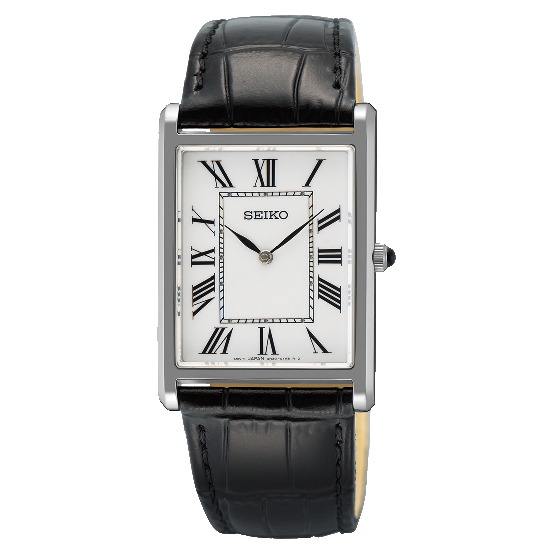 Seiko SWR103 rectangular quartz watch with white Roman numeral dial, slim stainless steel case, sapphire crystal, and black leather strap.