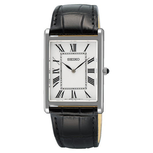 Seiko SWR103 rectangular quartz watch with white Roman numeral dial, slim stainless steel case, sapphire crystal, and black leather strap.