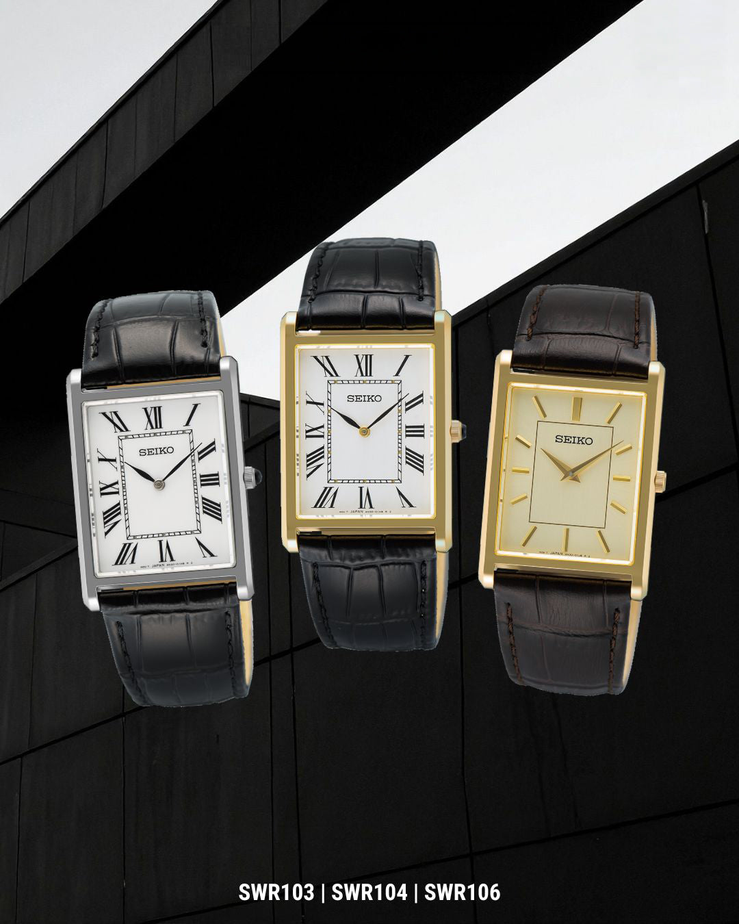 Three Seiko watches with different colored straps on a black and white geometric background.