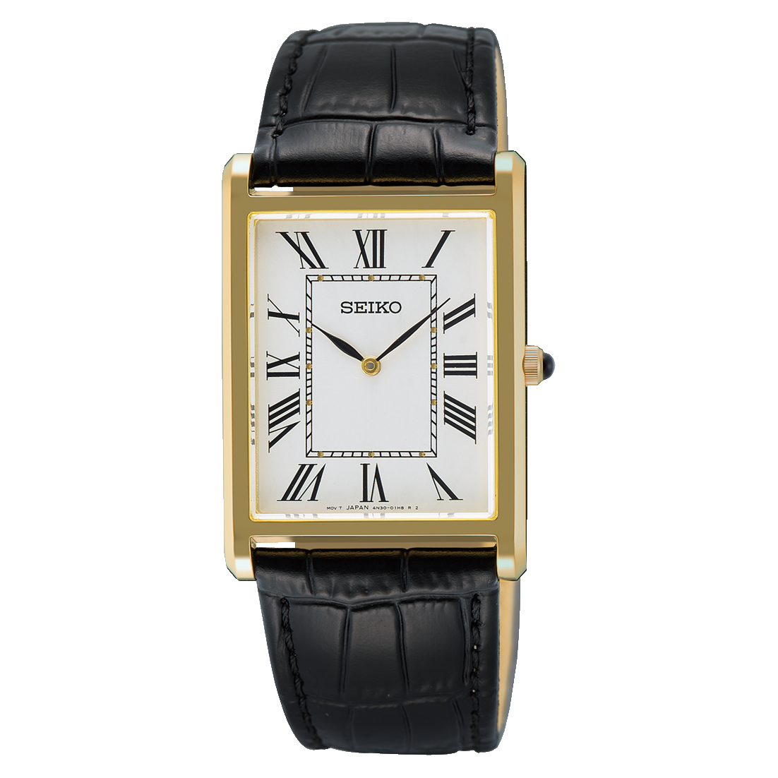 Seiko SWR104 rectangular quartz watch with white Roman numeral dial, two-tone stainless steel case with gold accents, sapphire crystal, and black leather strap.