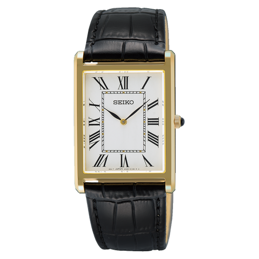Seiko SWR104 rectangular quartz watch with white Roman numeral dial, two-tone stainless steel case with gold accents, sapphire crystal, and black leather strap.