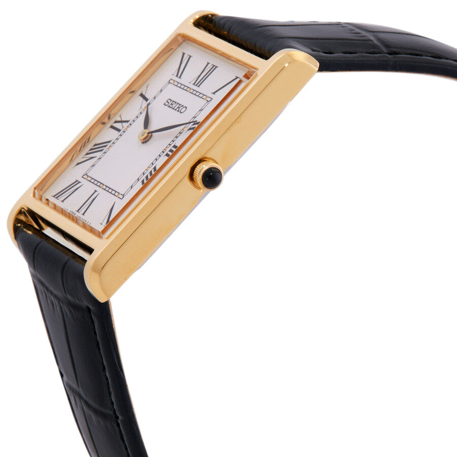 Gold-framed watch with black strap on a white background