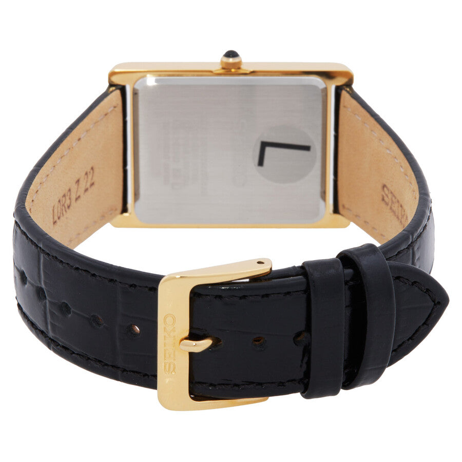 Watch with black leather strap and gold buckle on a white background