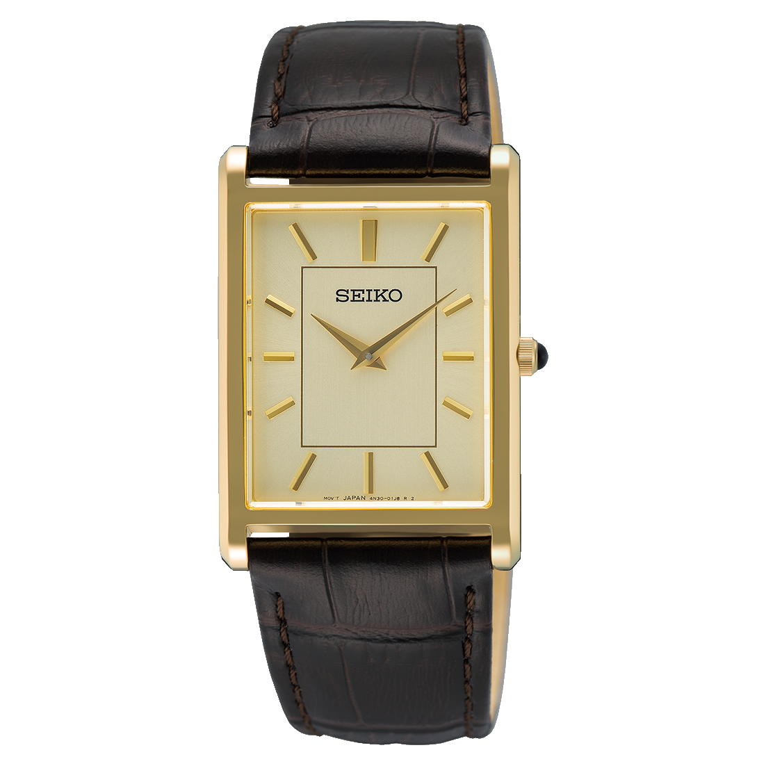 Seiko Essentials rectangular quartz watch with gold-tone case and dial, minimalist indices, black leather strap, sapphire crystal, and slim 19.6mm profile.