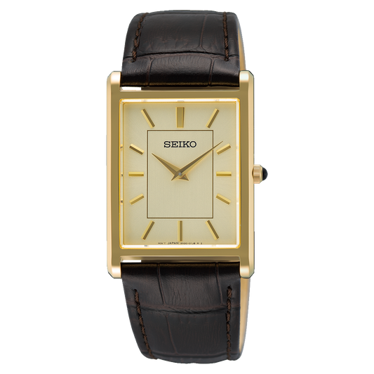 Seiko Essentials rectangular quartz watch with gold-tone case and dial, minimalist indices, black leather strap, sapphire crystal, and slim 19.6mm profile.