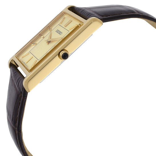 Gold rectangular watch with a black strap on a white background