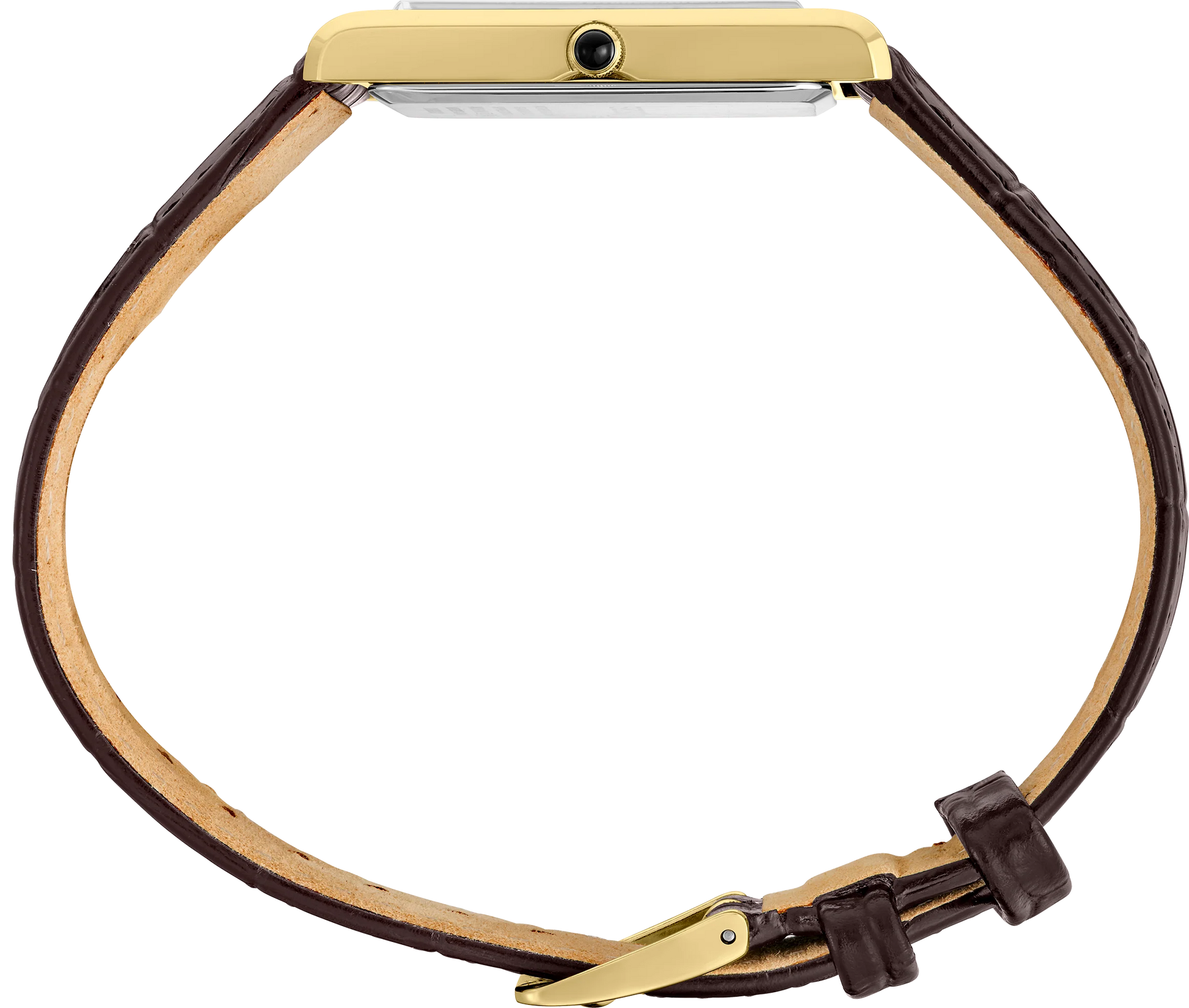 Smartwatch with a brown leather strap and gold metal clasp on a white background