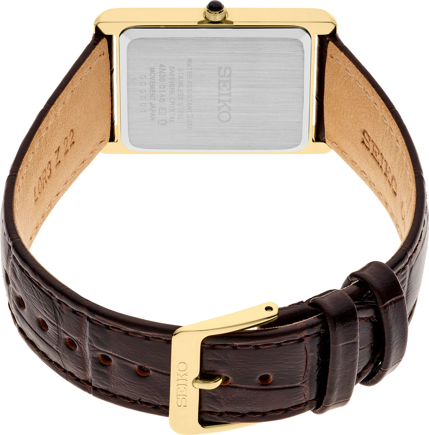 Seiko watch with brown leather strap and gold buckle on a white background