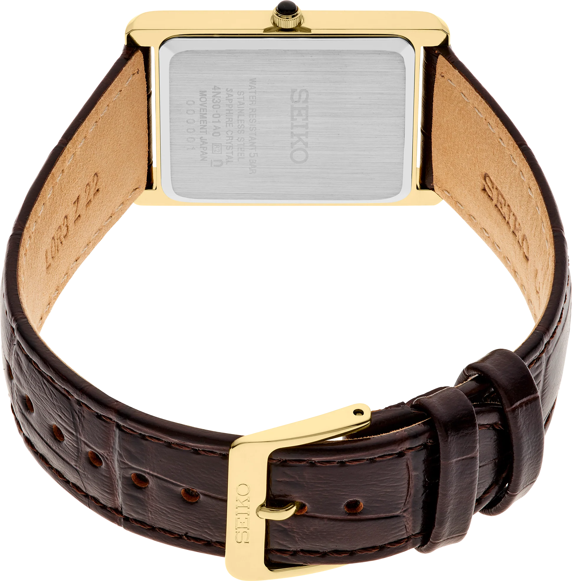 Seiko watch with brown leather strap and gold buckle on a white background