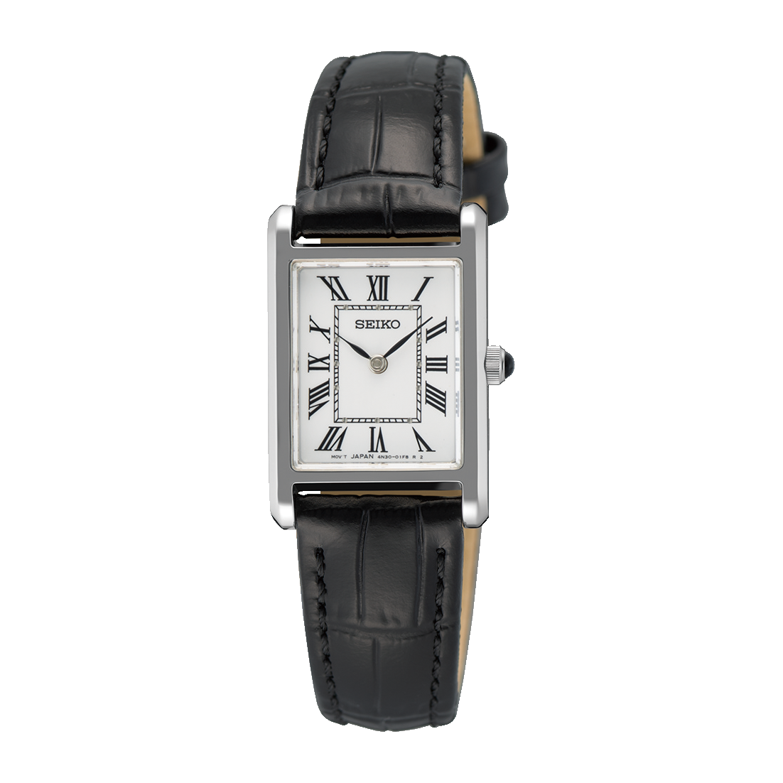 Seiko SWR107 women’s rectangular quartz watch with white Roman numeral dial, slim stainless steel case, sapphire crystal, and black leather strap.