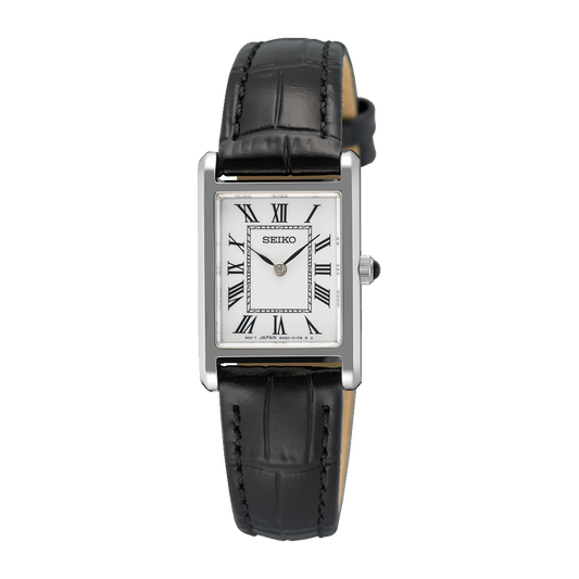 Seiko SWR107 women’s rectangular quartz watch with white Roman numeral dial, slim stainless steel case, sapphire crystal, and black leather strap.
