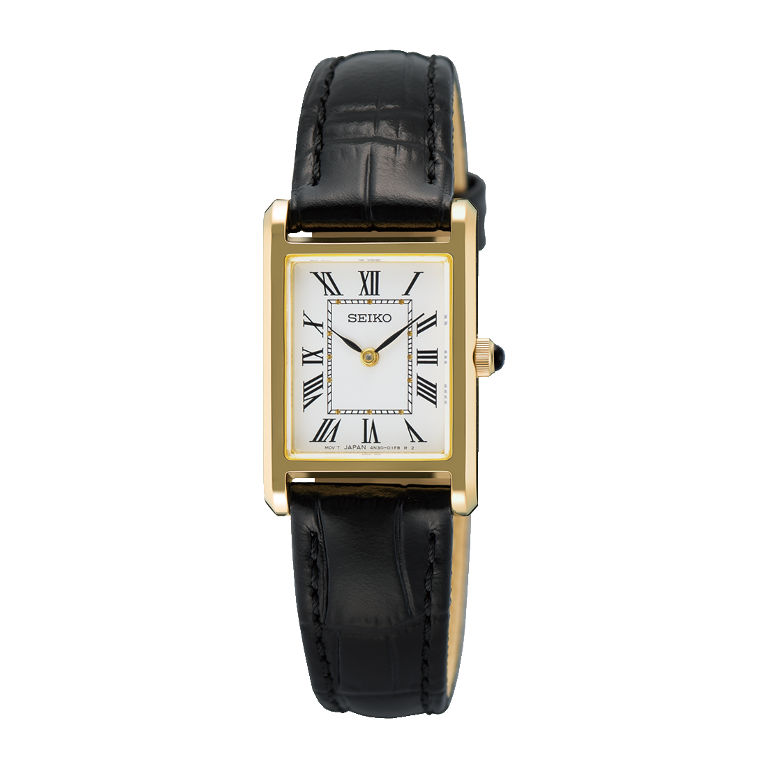 Seiko SWR108 women’s rectangular quartz watch with white Roman numeral dial, two-tone stainless steel case with gold accents, sapphire crystal, and black leather strap.