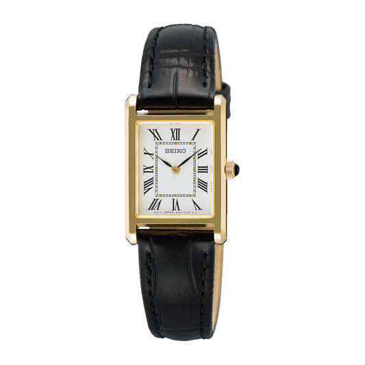 Seiko SWR108 women’s rectangular quartz watch with white Roman numeral dial, two-tone stainless steel case with gold accents, sapphire crystal, and black leather strap.