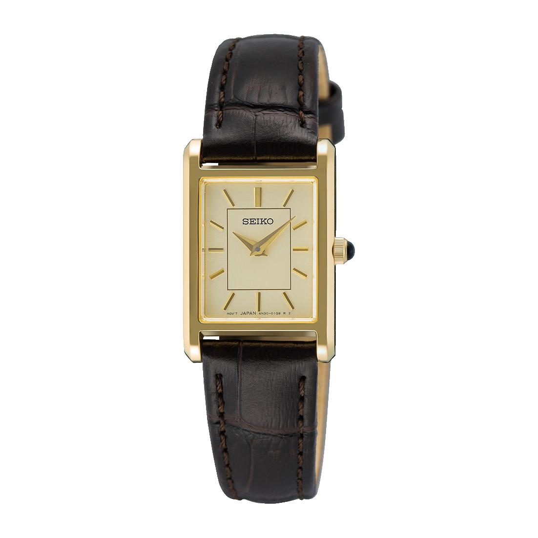 Seiko SWR110 rectangular quartz dress watch with gold-tone case, champagne dial, black leather strap, sapphire crystal, and slim 19.6mm profile.”
