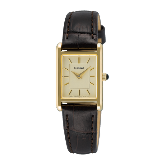 Seiko SWR110 rectangular quartz dress watch with gold-tone case, champagne dial, black leather strap, sapphire crystal, and slim 19.6mm profile.”