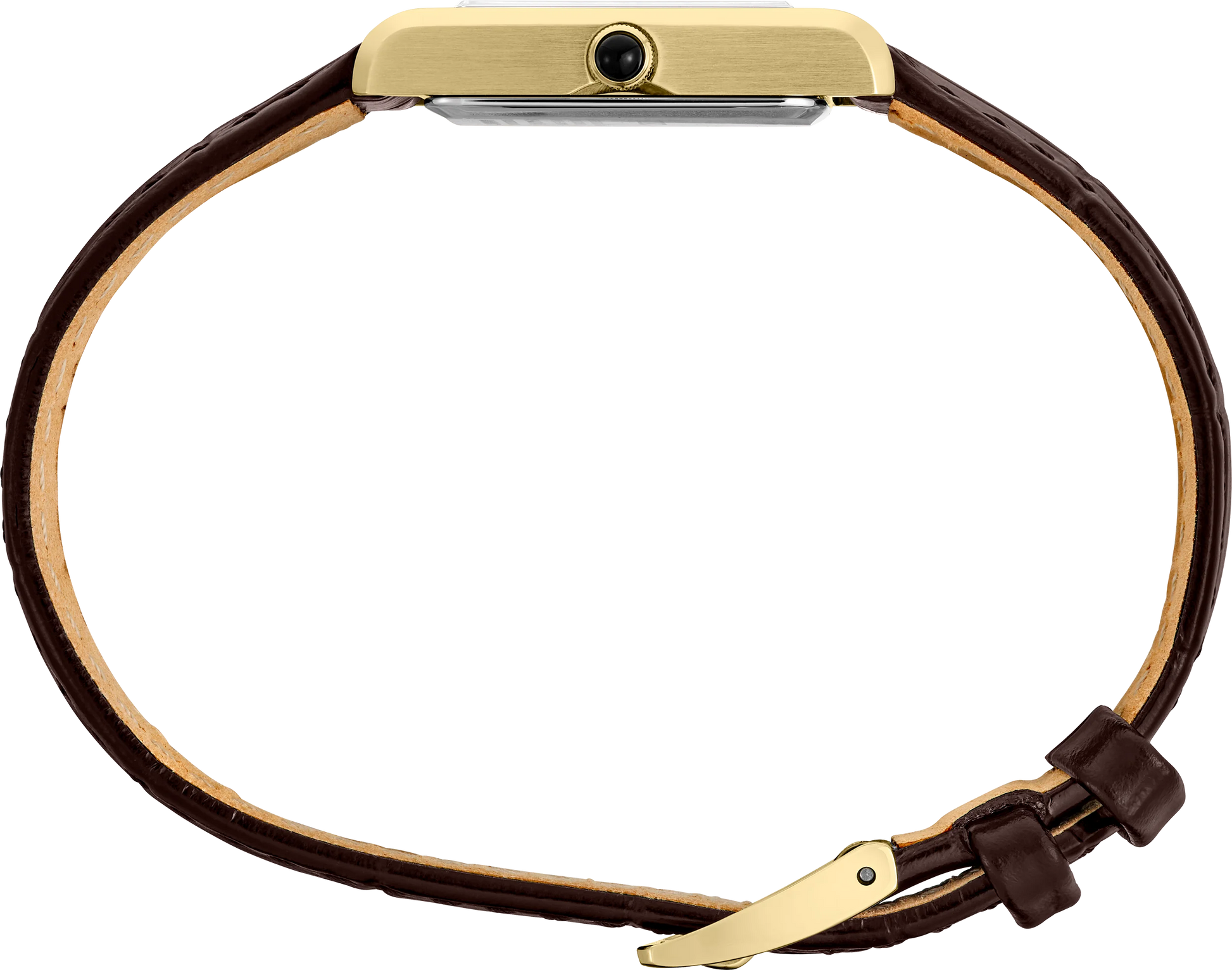 Brown leather bracelet with gold clasp on a white background