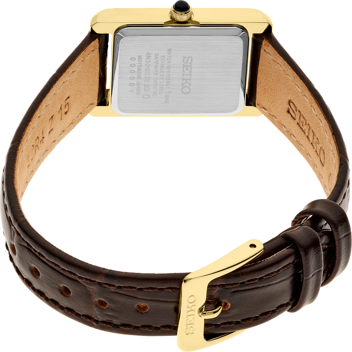 Seiko watch with brown leather strap and gold accents on a white background