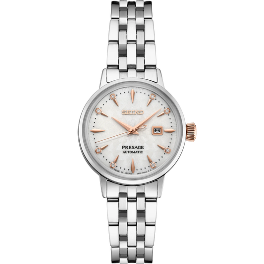Seiko Presage SRE009 - 30.3mm Stainless Steel Cocktail Time Watch, White Dial with 8 Diamonds, Rose Gold-Tone Markers, 50m Water Resistance, Automatic Movement