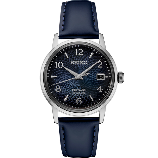 Seiko Presage SRPE43 - 38.5mm Stainless Steel Cocktail Time Watch, Deep Blue Dial, 50m Water Resistance, Automatic Movement, Blue Leather Strap