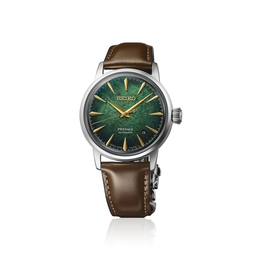 Seiko Presage Cocktail Time HCB002 automatic watch with 38.5mm stainless steel case, cow leather strap, box-shaped Hardlex crystal, date display, Caliber 4R35 movement, and see-through screw case back.