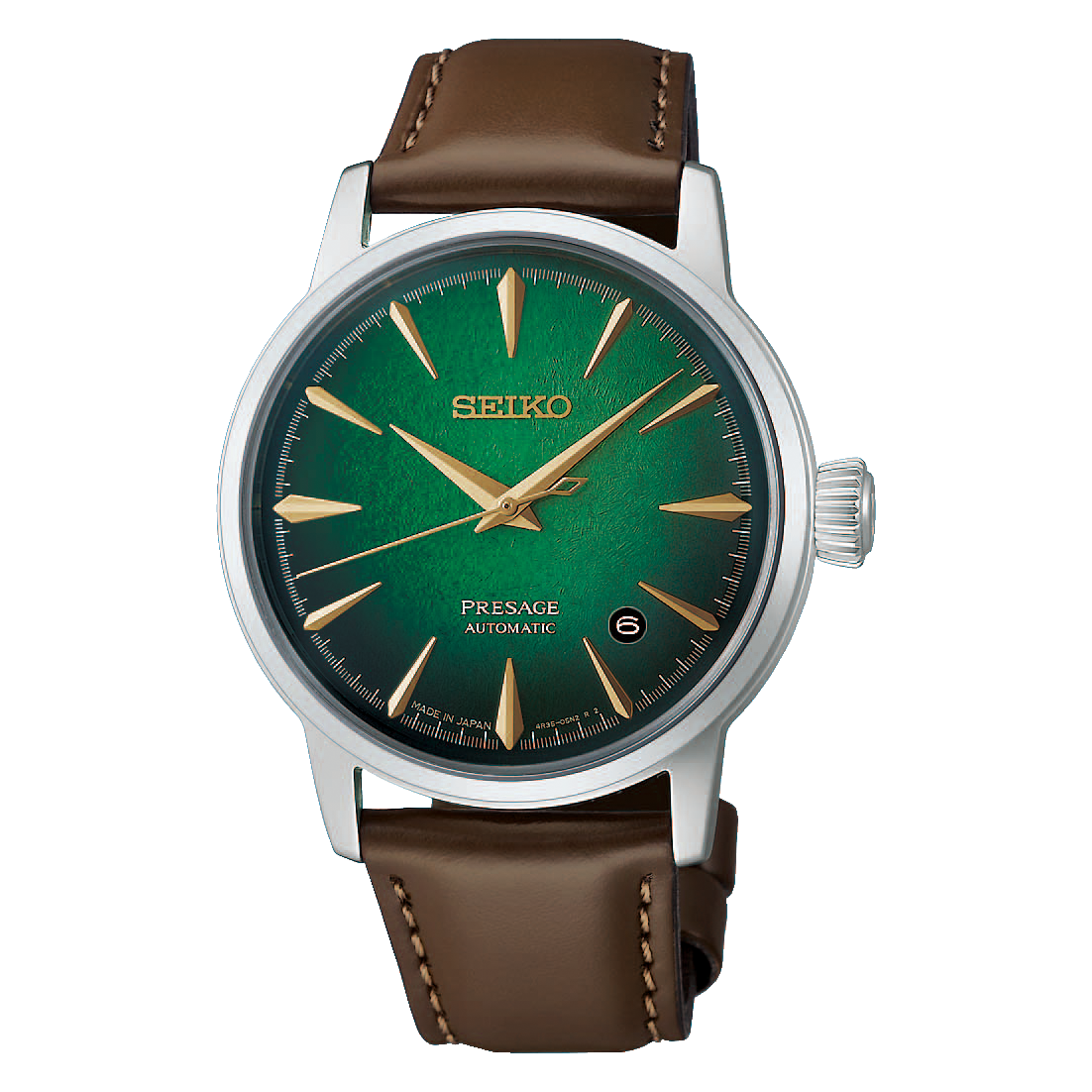Seiko Presage Cocktail Time HCB002 automatic watch with 38.5mm stainless steel case, cow leather strap, box-shaped Hardlex crystal, date display, Caliber 4R35 movement, and see-through screw case back.