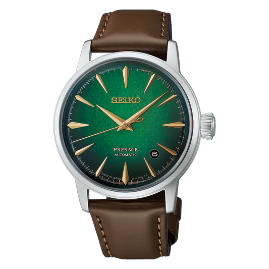 Seiko Presage Cocktail Time HCB002 automatic watch with 38.5mm stainless steel case, cow leather strap, box-shaped Hardlex crystal, date display, Caliber 4R35 movement, and see-through screw case back.