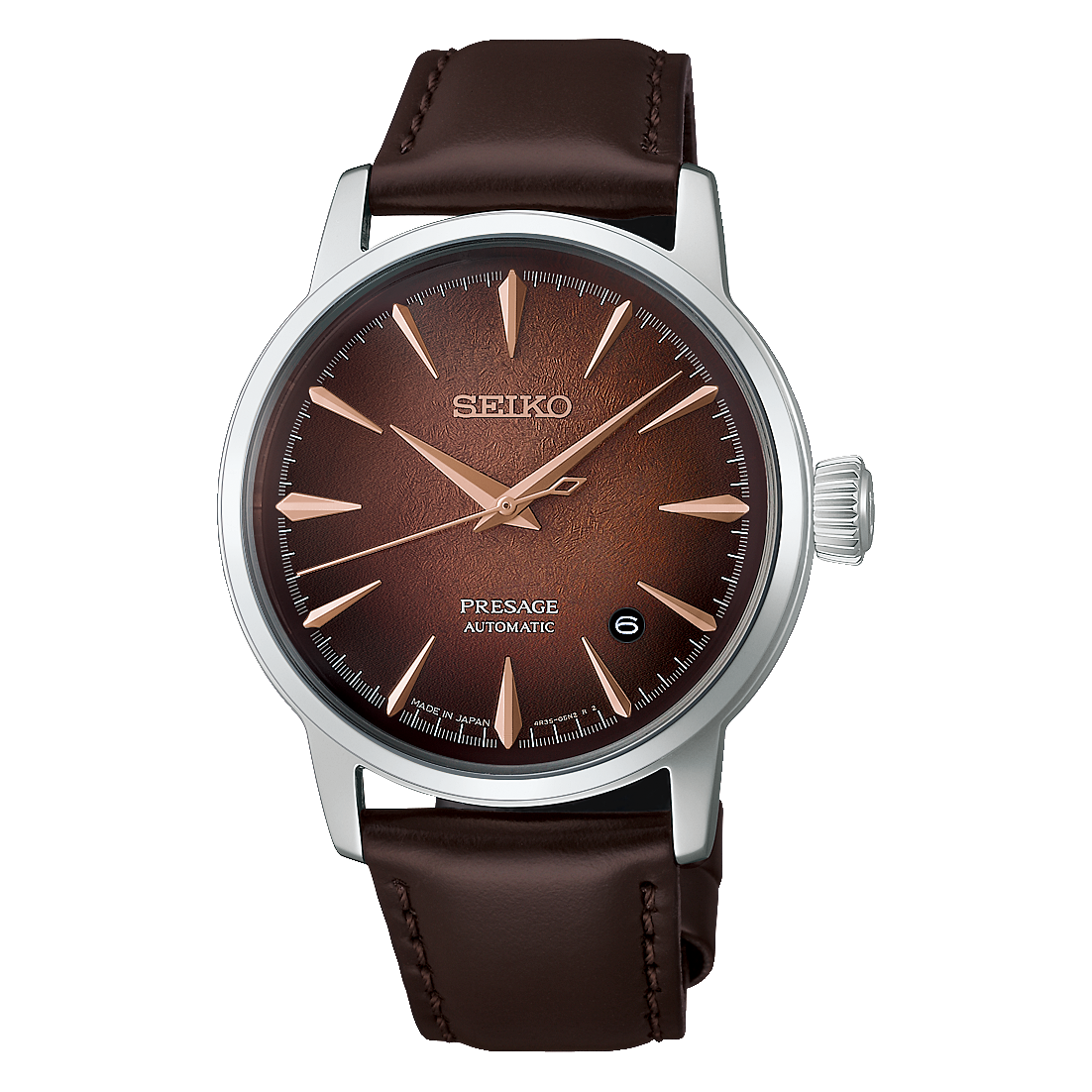 Seiko Presage Cocktail Time HCB003 automatic watch with 38.5mm stainless steel case, cow leather band, box-shaped Hardlex crystal, date display, Caliber 4R35 movement, and see-through screw case back.