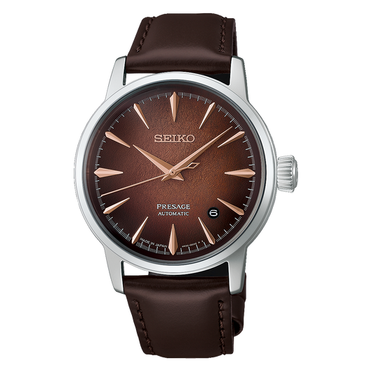 Seiko Presage Cocktail Time HCB003 automatic watch with 38.5mm stainless steel case, cow leather band, box-shaped Hardlex crystal, date display, Caliber 4R35 movement, and see-through screw case back.