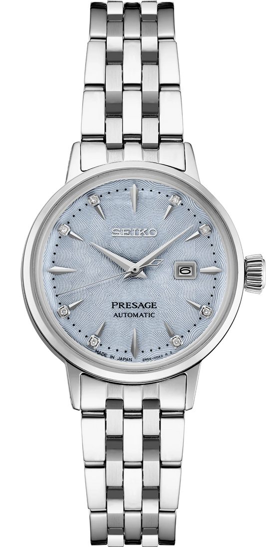 Seiko Presage SRE007 - 30.3mm Stainless Steel Cocktail Time Watch, Light Blue Dial with 8 Diamonds, 50m Water Resistance, Automatic Movement