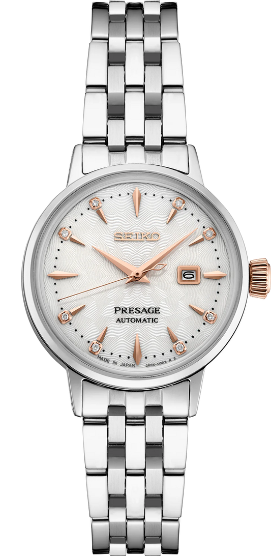 Seiko Presage SRE009 - 30.3mm Stainless Steel Cocktail Time Watch, White Dial with 8 Diamonds, Rose Gold-Tone Markers, 50m Water Resistance, Automatic Movement