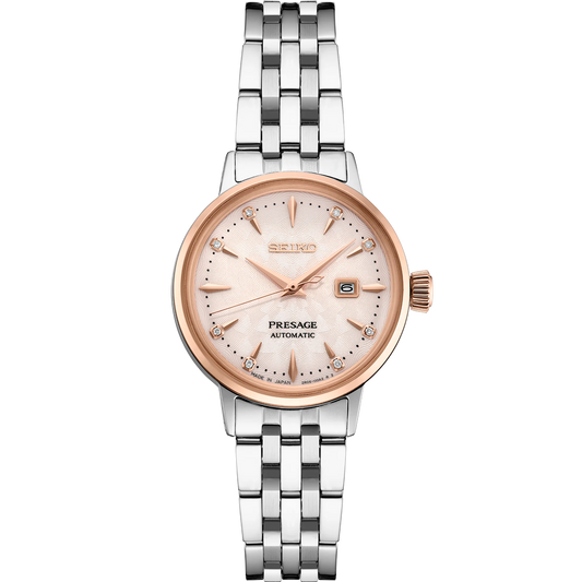 Seiko Presage SRE012 - 30.3mm Two-Tone Rose Gold Stainless Steel Cocktail Time Watch, Pink Dial with 8 Diamonds, 50m Water Resistance, Automatic Movement