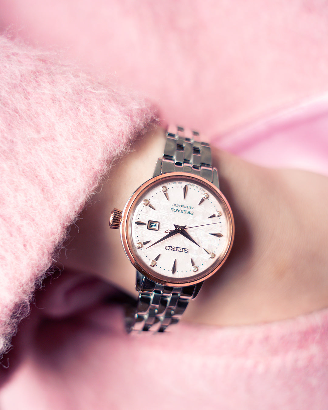 Seiko Presage SRE012 - 30.3mm Two-Tone Rose Gold Stainless Steel Cocktail Time Watch, Pink Dial with 8 Diamonds, 50m Water Resistance, Automatic Movement
