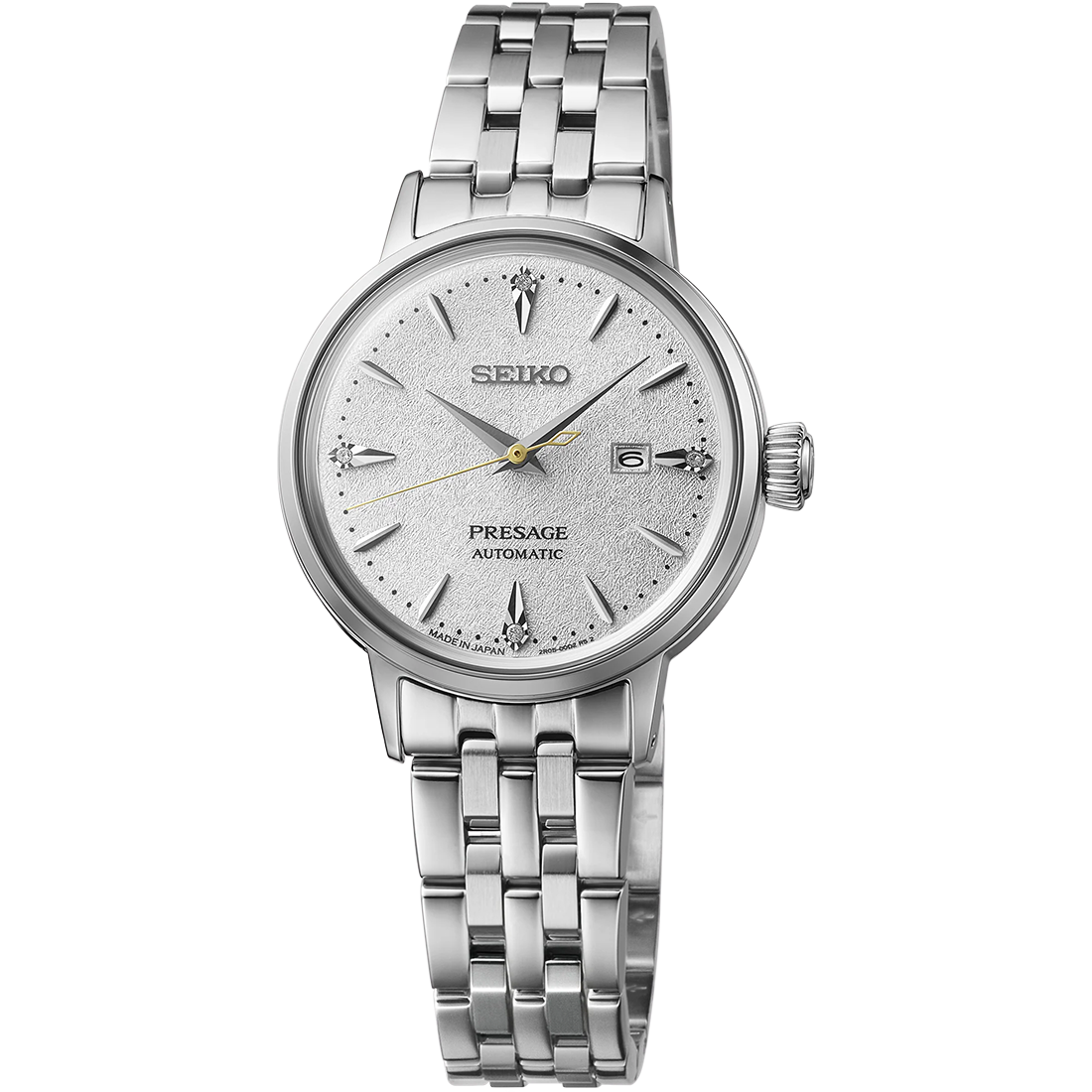 Seiko Presage Cocktail Time SRE017 women’s automatic watch featuring a 30.1 mm stainless steel case, white pressed-pattern dial inspired by the Hot Buttered Rum cocktail, and four diamond hour markers. Includes gold-tone second hand, box-shaped Hardlex crystal, and stainless steel bracelet with deployment clasp. Powered by Caliber 2R05 automatic movement with 21 jewels, 40-hour power reserve, and manual winding. Water resistant to 50 meters (5 bar).