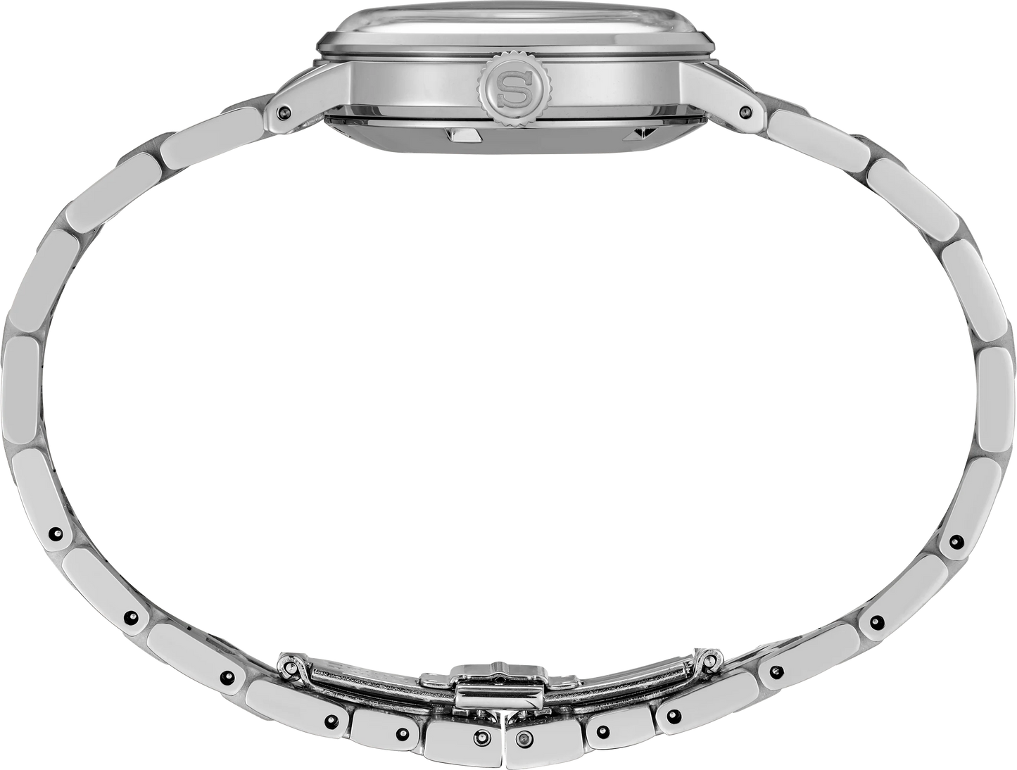 Silver watch with a detailed band on a white background