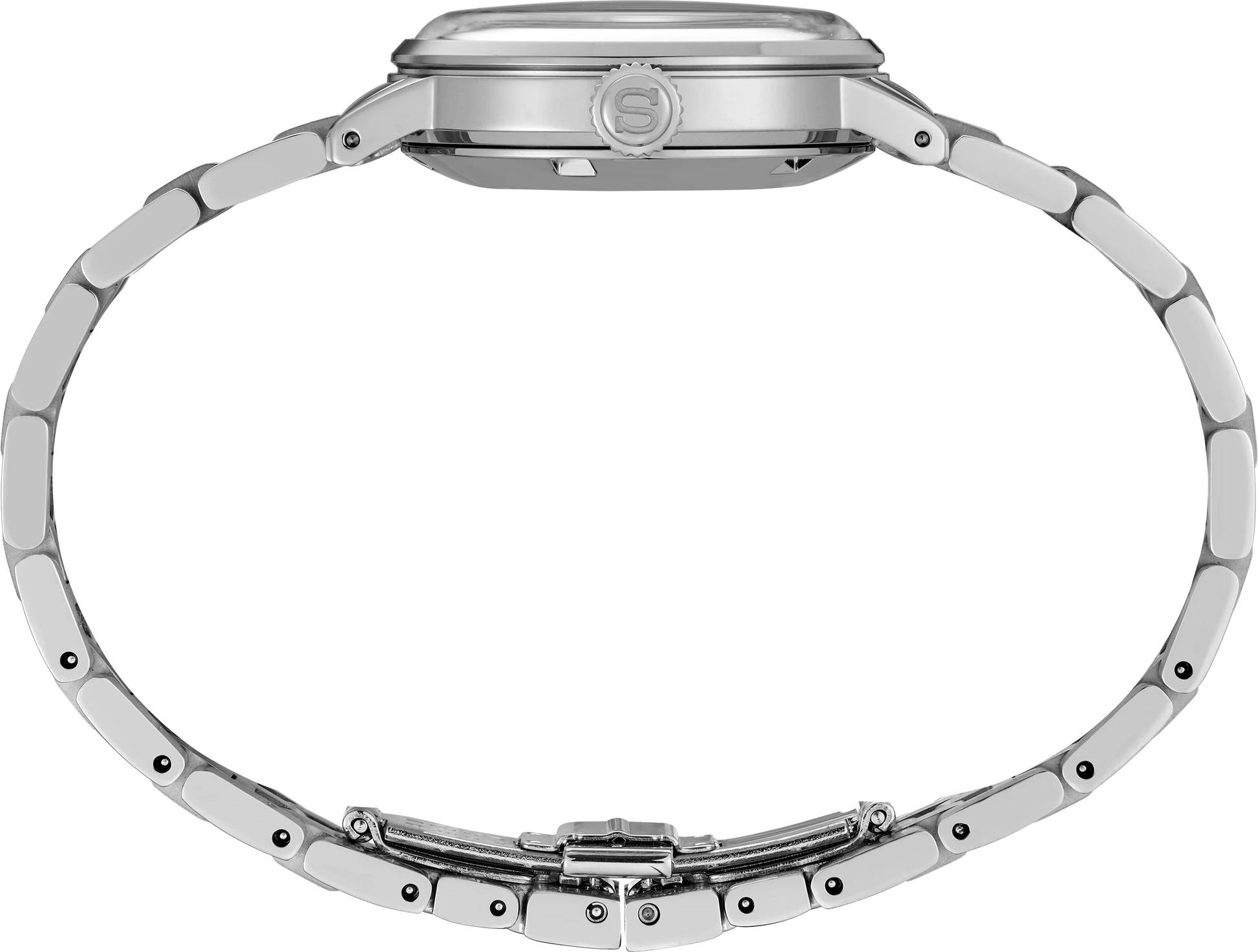 Silver watch with a detailed band on a white background