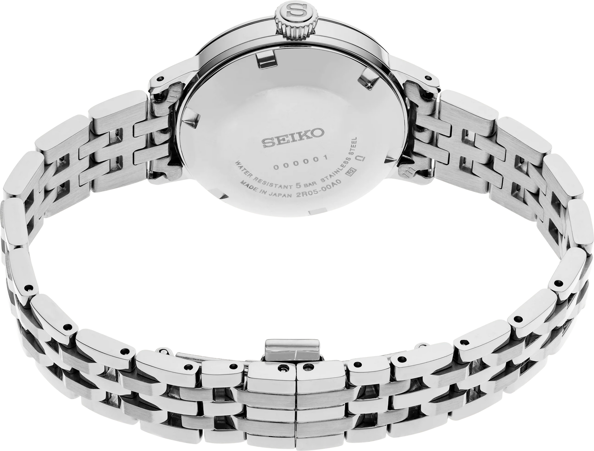 Silver Seiko watch with metal bracelet on a white background