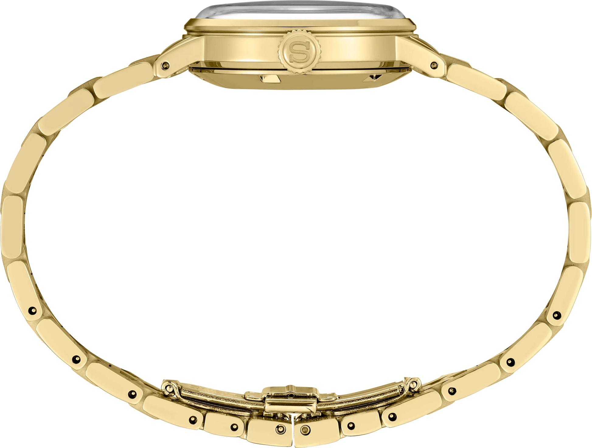 Gold watch with a white face on a white background