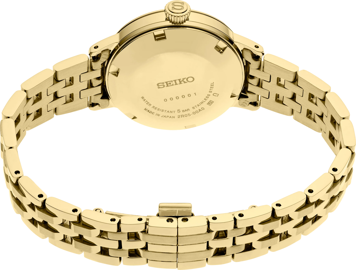 Gold Seiko watch with a detailed metal band on a white background